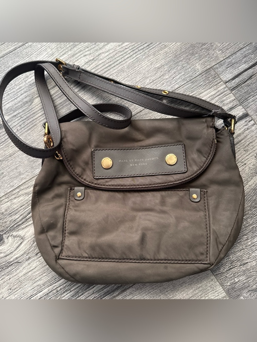 Marc by Marc Jacobs Dark Brown Nylon Crossbody Bag with Gold Hardware